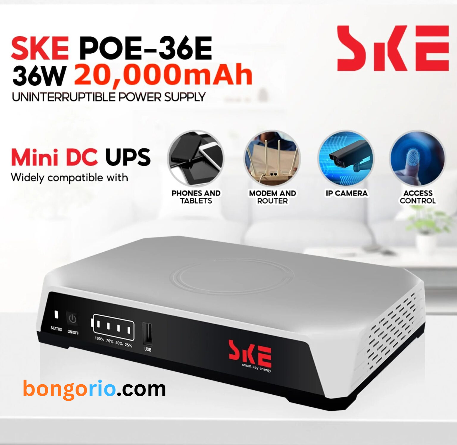 SKE POE-36E-LFP 20,000mAh Mini DC UPS – 36W High Power Backup with LiFePO4 Battery (5V/9V/12V 3A)
